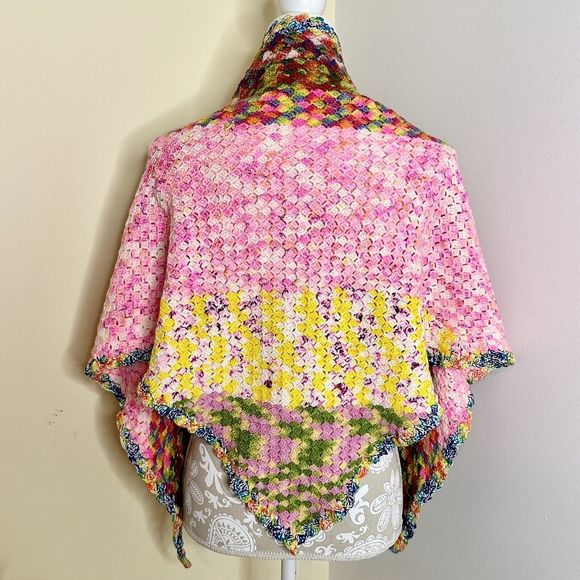 Triangle Shawl‎ Wrap Scarf Handmade Crocheted  Bright Colors Pink Yellow Blues - Picture 2 of 11